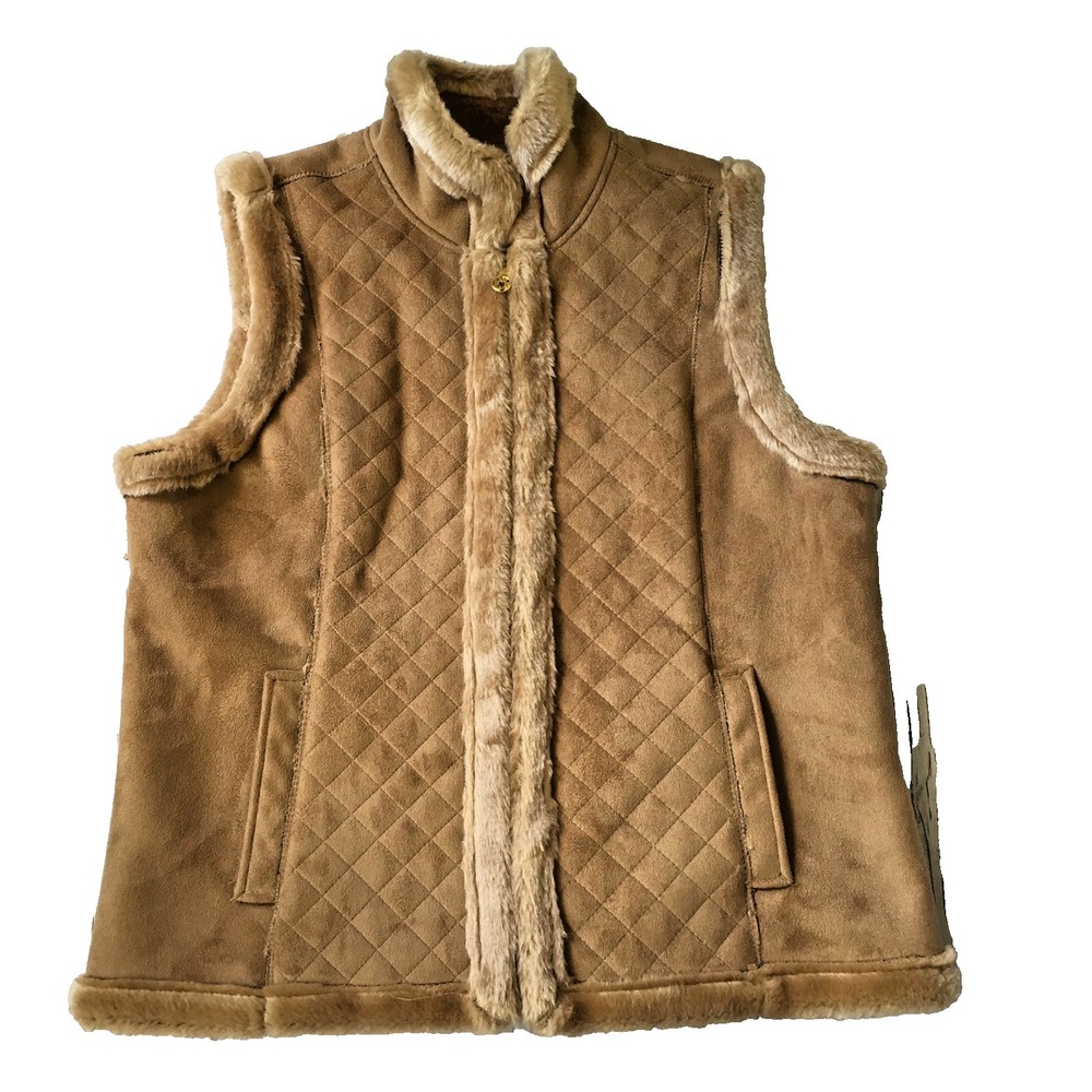 Quilted Faux Suede Fur Vest L 12 14 Sleeveless Jacket Western Rodeo Plush Y2K